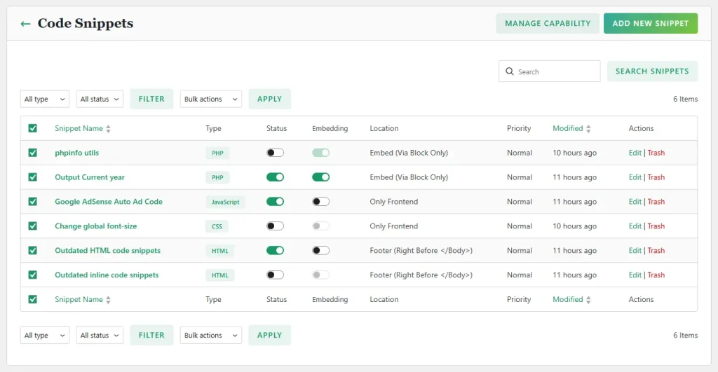 Plover Code snippets list view